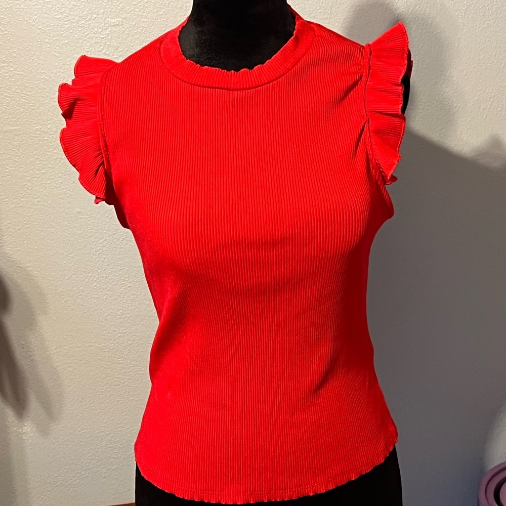 Vibrant Red Flutter Sleeve Blouse with Ruffled Detail